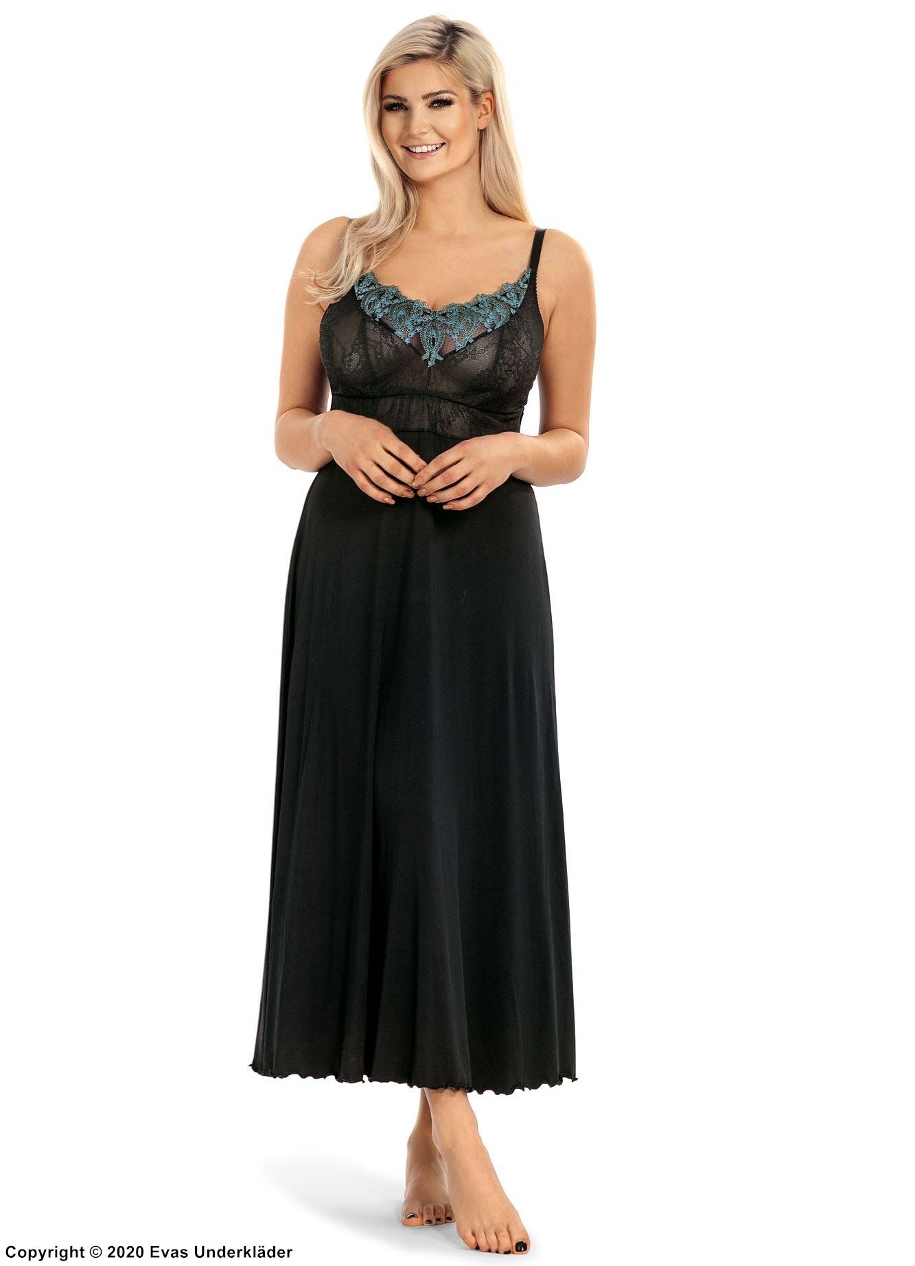 Elegant nightdress, embroidery, lace overlay, sheer inlay